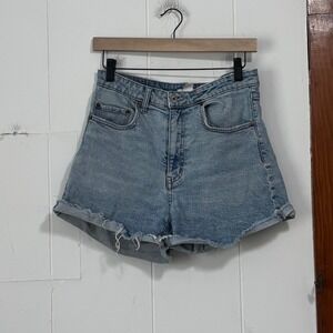 HM Womens High Waisted Denim Shorts Medium Wash Blue Raw Hem Size 8